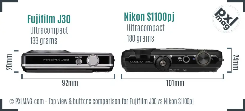 Fujifilm J30 vs Nikon S1100pj top view buttons comparison