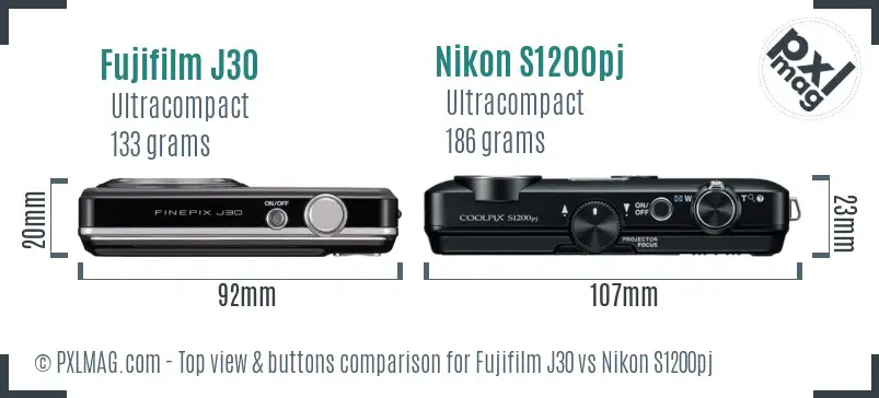 Fujifilm J30 vs Nikon S1200pj top view buttons comparison Fujifilm J30 vs Nikon S1200pj top view buttons comparison
