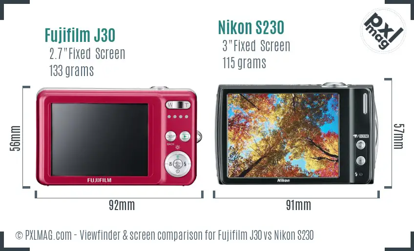 Fujifilm J30 vs Nikon S230 Screen and Viewfinder comparison