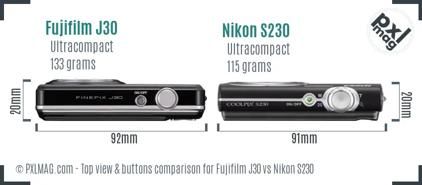 Fujifilm J30 vs Nikon S230 top view buttons comparison