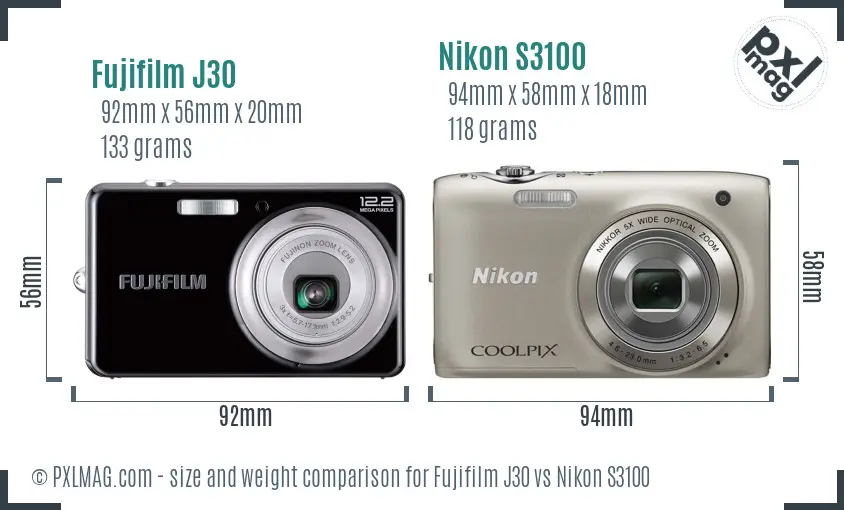 Fujifilm J30 vs Nikon S3100 size comparison