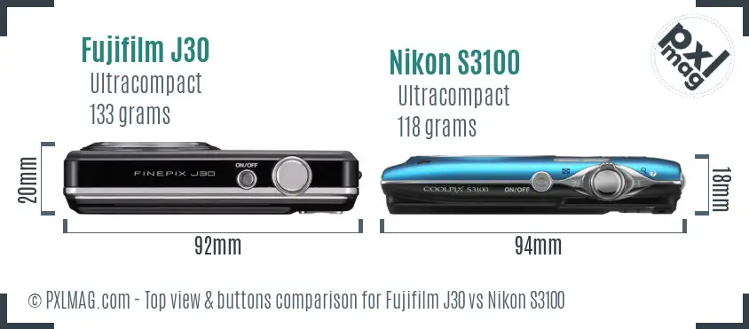 Fujifilm J30 vs Nikon S3100 top view buttons comparison