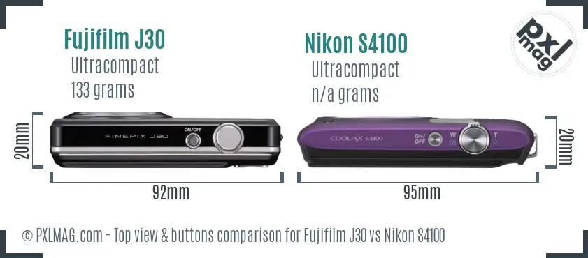 Fujifilm J30 vs Nikon S4100 top view buttons comparison