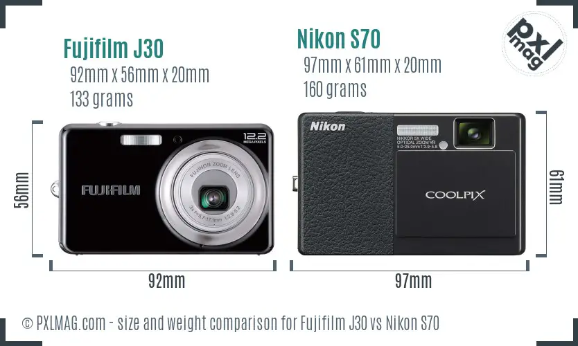 Fujifilm J30 vs Nikon S70 size comparison