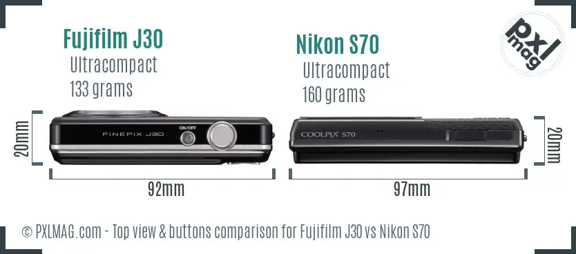 Fujifilm J30 vs Nikon S70 top view buttons comparison