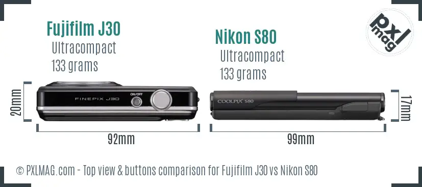 Fujifilm J30 vs Nikon S80 top view buttons comparison