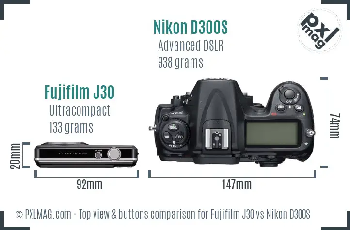 Fujifilm J30 vs Nikon D300S top view buttons comparison