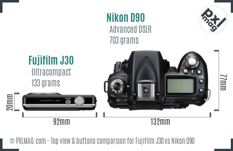 Fujifilm J30 vs Nikon D90 top view buttons comparison