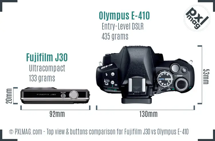 Fujifilm J30 vs Olympus E-410 top view buttons comparison