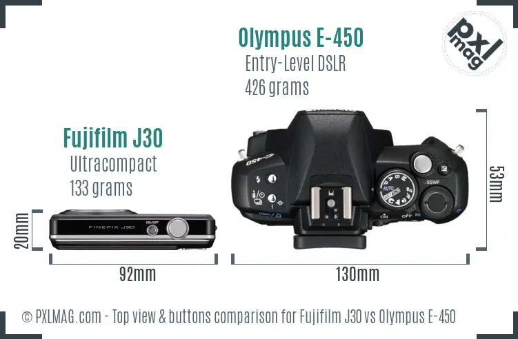 Fujifilm J30 vs Olympus E-450 top view buttons comparison