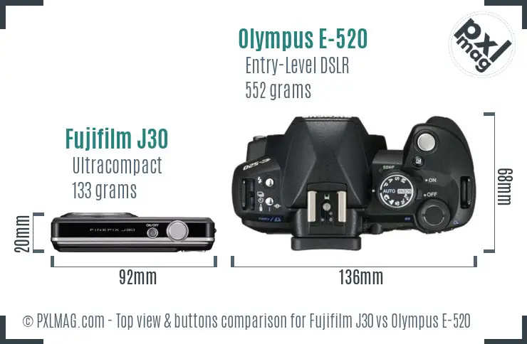 Fujifilm J30 vs Olympus E-520 top view buttons comparison