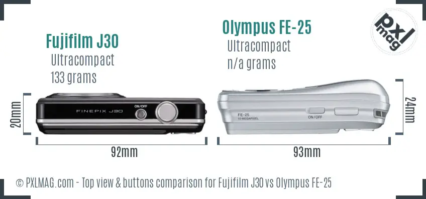 Fujifilm J30 vs Olympus FE-25 top view buttons comparison