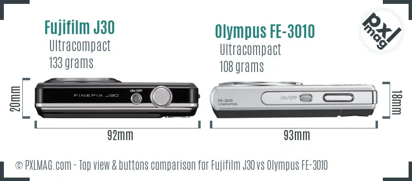 Fujifilm J30 vs Olympus FE-3010 top view buttons comparison