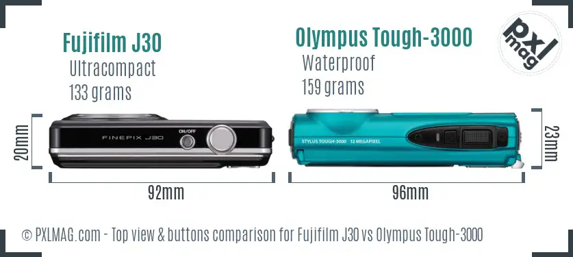 Fujifilm J30 vs Olympus Tough-3000 top view buttons comparison