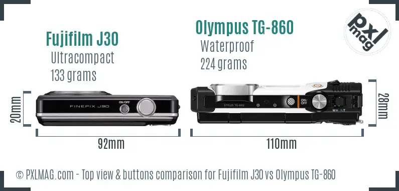 Fujifilm J30 vs Olympus TG-860 top view buttons comparison