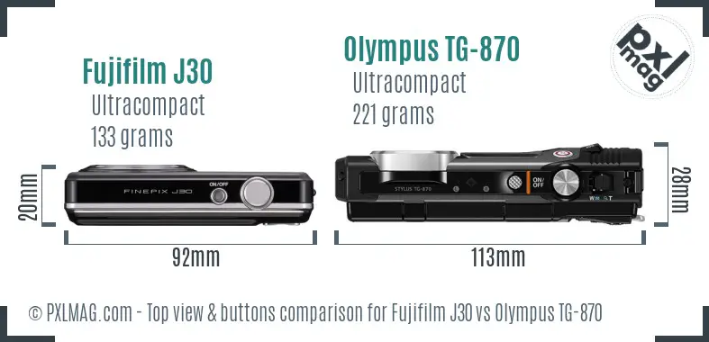 Fujifilm J30 vs Olympus TG-870 top view buttons comparison