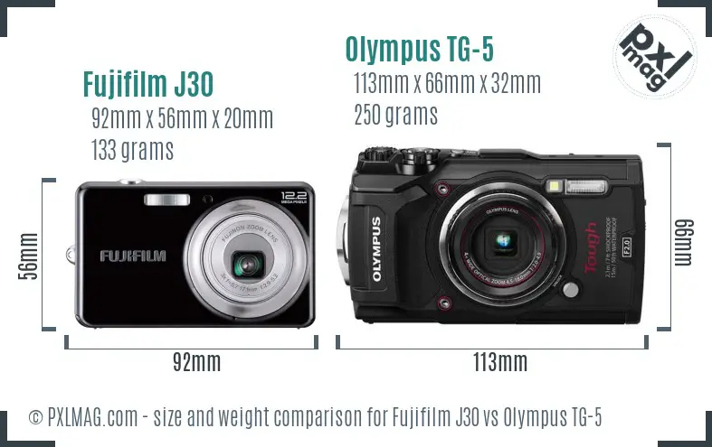 Fujifilm J30 vs Olympus TG-5 size comparison