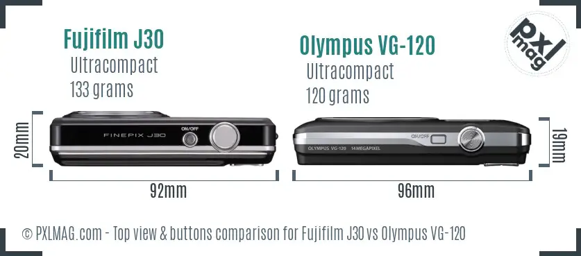 Fujifilm J30 vs Olympus VG-120 top view buttons comparison