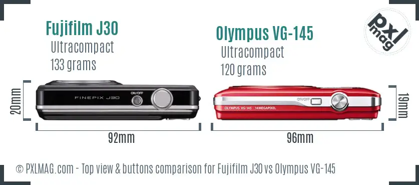 Fujifilm J30 vs Olympus VG-145 top view buttons comparison