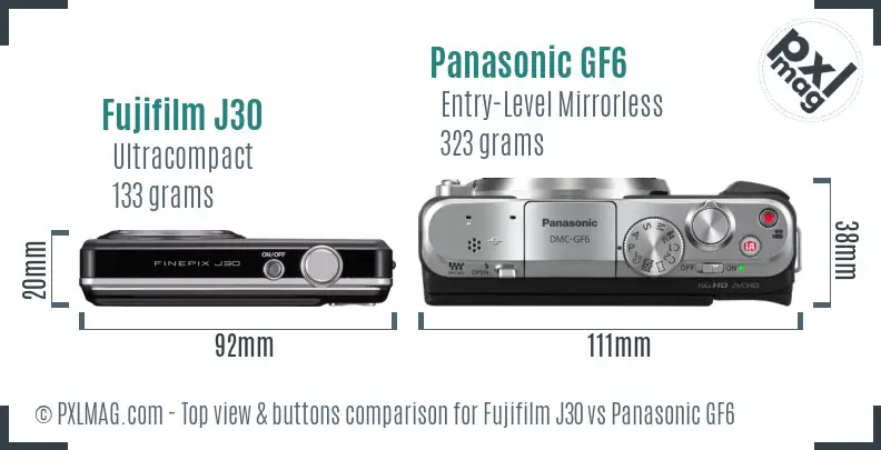 Fujifilm J30 vs Panasonic GF6 top view buttons comparison