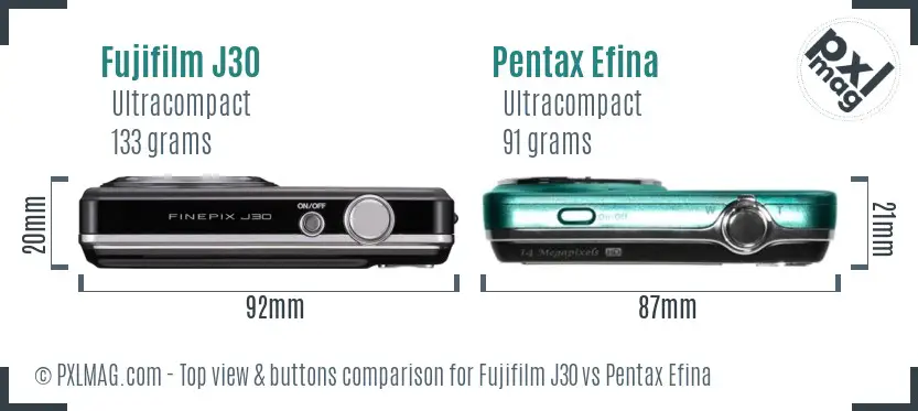 Fujifilm J30 vs Pentax Efina top view buttons comparison