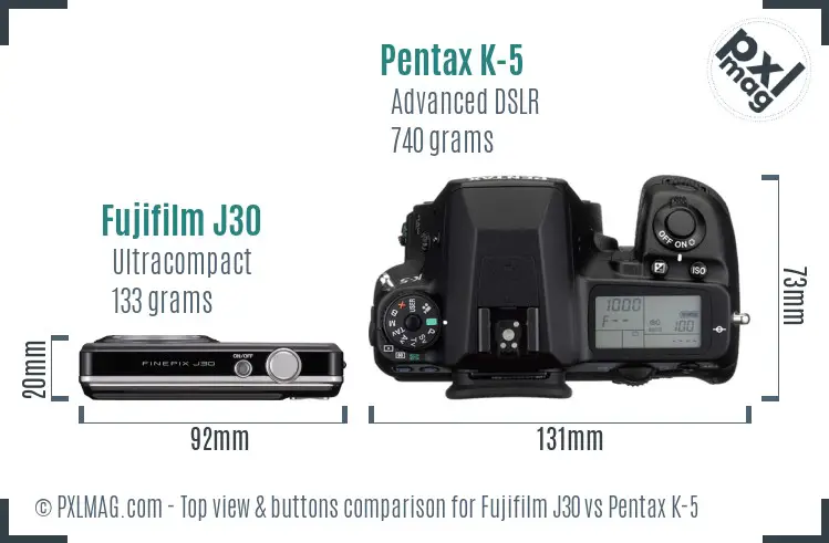 Fujifilm J30 vs Pentax K-5 top view buttons comparison