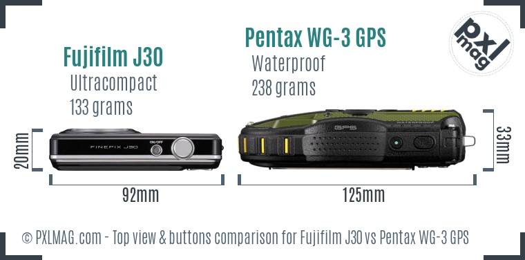 Fujifilm J30 vs Pentax WG-3 GPS top view buttons comparison