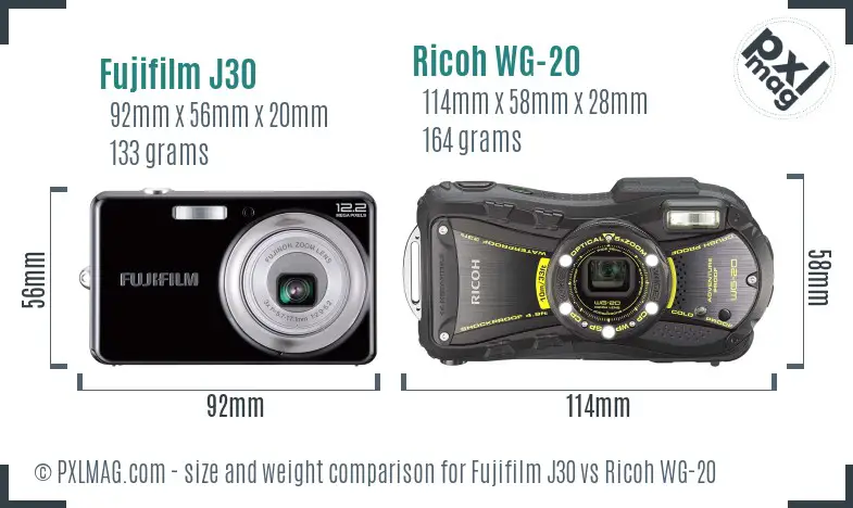 Fujifilm J30 vs Ricoh WG-20 size comparison