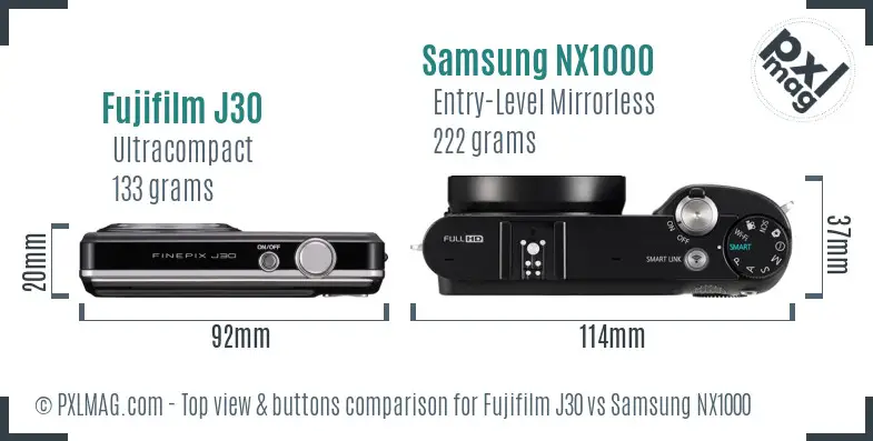 Fujifilm J30 vs Samsung NX1000 top view buttons comparison