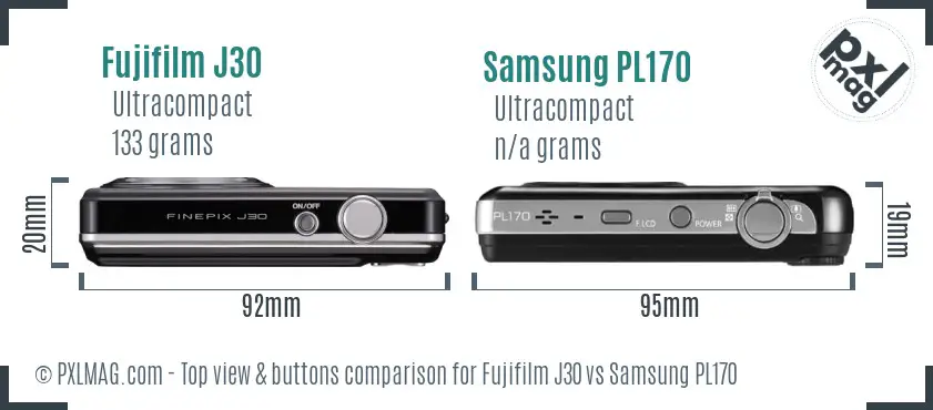 Fujifilm J30 vs Samsung PL170 top view buttons comparison Fujifilm J30 vs Samsung PL170 top view buttons comparison