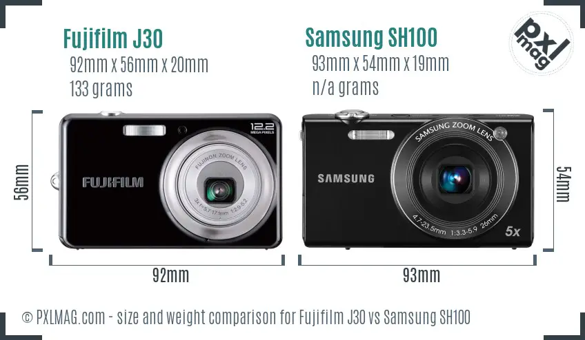 Fujifilm J30 vs Samsung SH100 size comparison