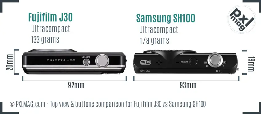 Fujifilm J30 vs Samsung SH100 top view buttons comparison