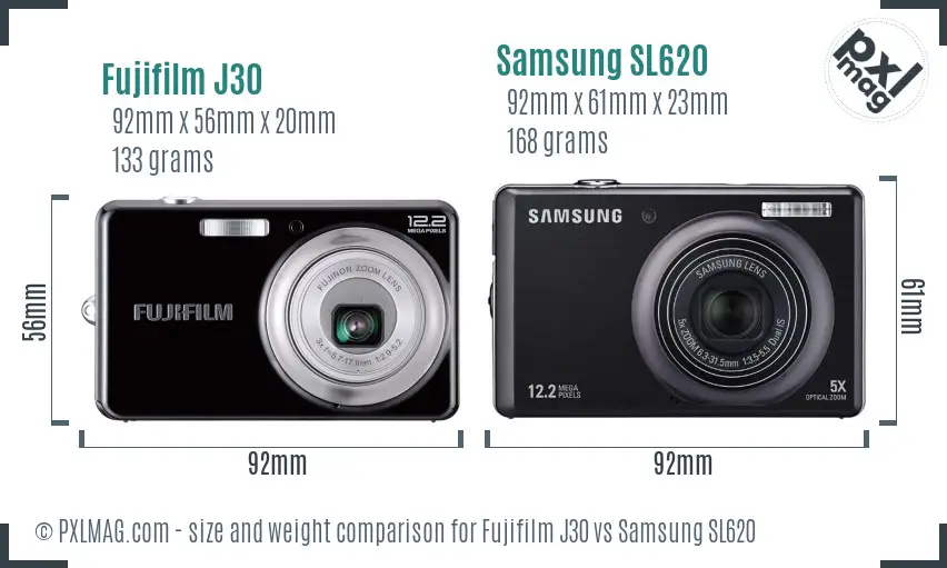 Fujifilm J30 vs Samsung SL620 size comparison