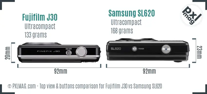 Fujifilm J30 vs Samsung SL620 top view buttons comparison