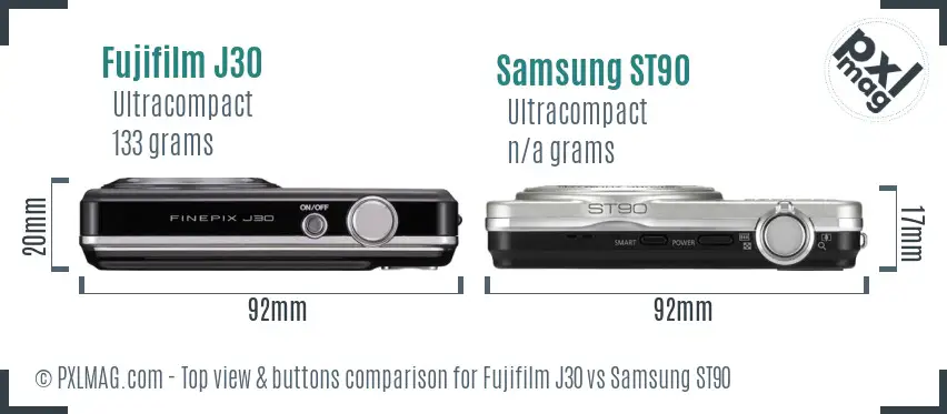 Fujifilm J30 vs Samsung ST90 top view buttons comparison Fujifilm J30 vs Samsung ST90 top view buttons comparison