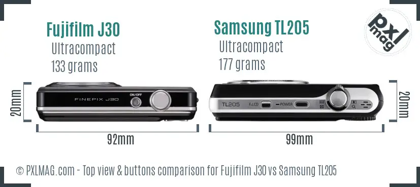 Fujifilm J30 vs Samsung TL205 top view buttons comparison