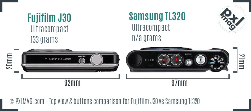 Fujifilm J30 vs Samsung TL320 top view buttons comparison Fujifilm J30 vs Samsung TL320 top view buttons comparison