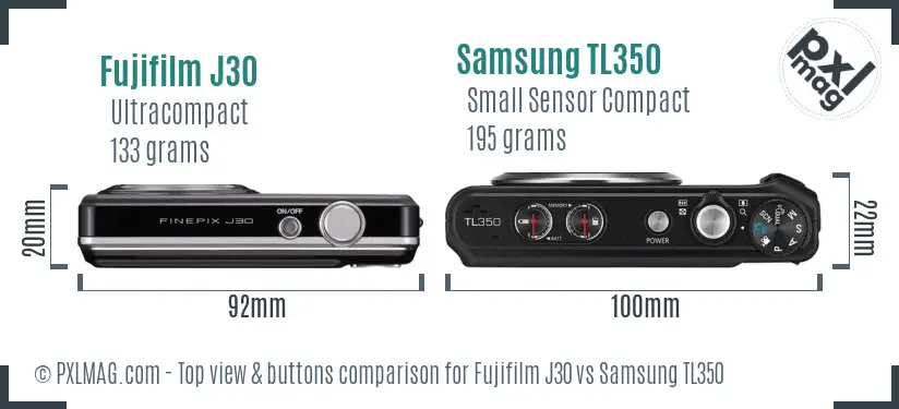 Fujifilm J30 vs Samsung TL350 top view buttons comparison