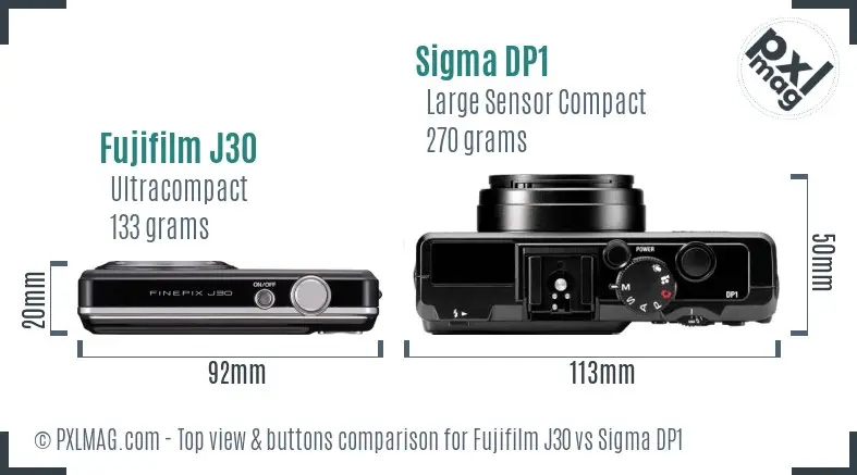 Fujifilm J30 vs Sigma DP1 top view buttons comparison