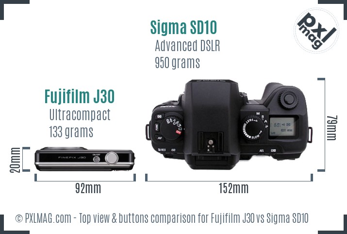 Fujifilm J30 vs Sigma SD10 top view buttons comparison