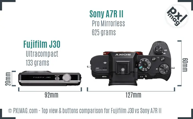 Fujifilm J30 vs Sony A7R II top view buttons comparison