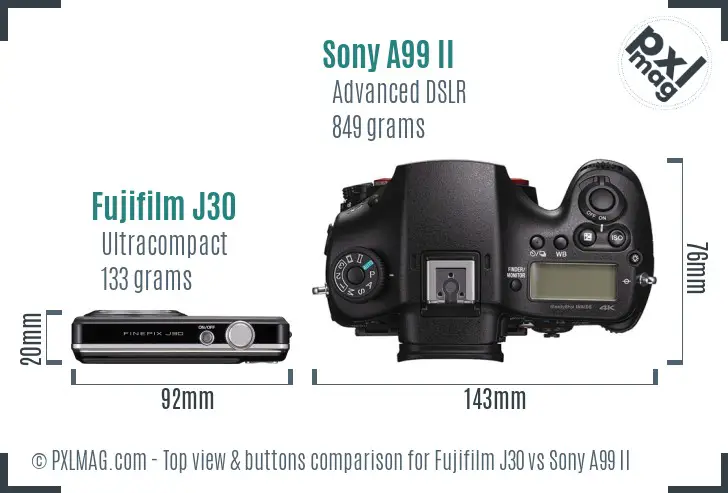 Fujifilm J30 vs Sony A99 II top view buttons comparison