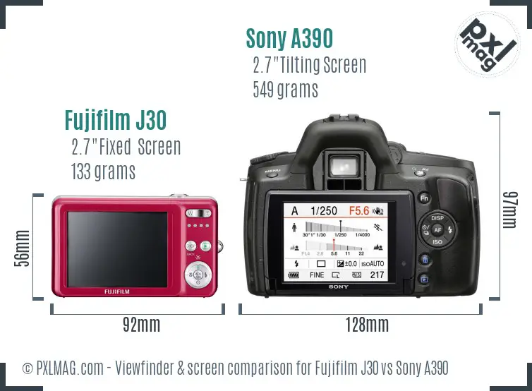 Fujifilm J30 vs Sony A390 Screen and Viewfinder comparison