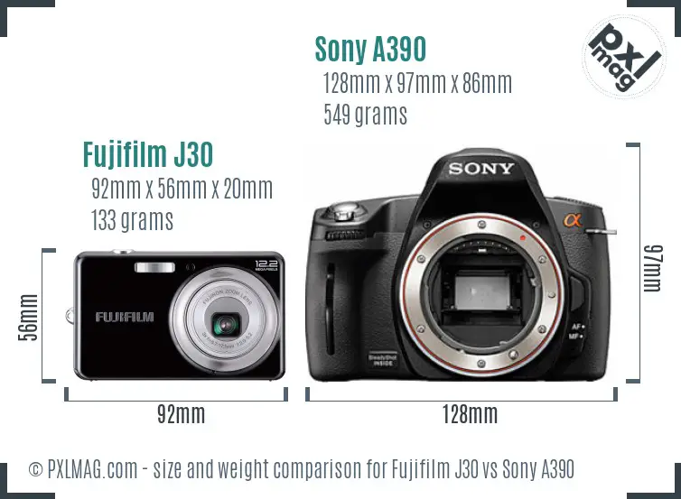 Fujifilm J30 vs Sony A390 size comparison