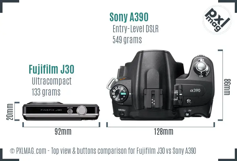 Fujifilm J30 vs Sony A390 top view buttons comparison