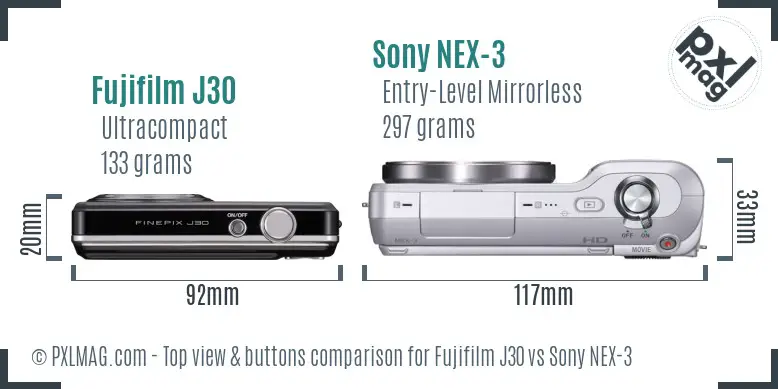 Fujifilm J30 vs Sony NEX-3 top view buttons comparison