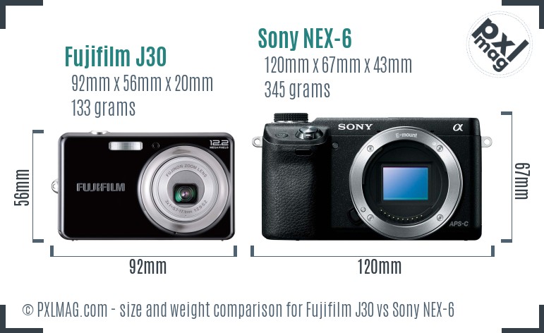 Fujifilm J30 vs Sony NEX-6 size comparison