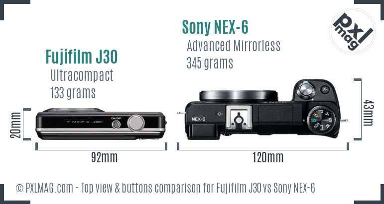 Fujifilm J30 vs Sony NEX-6 top view buttons comparison