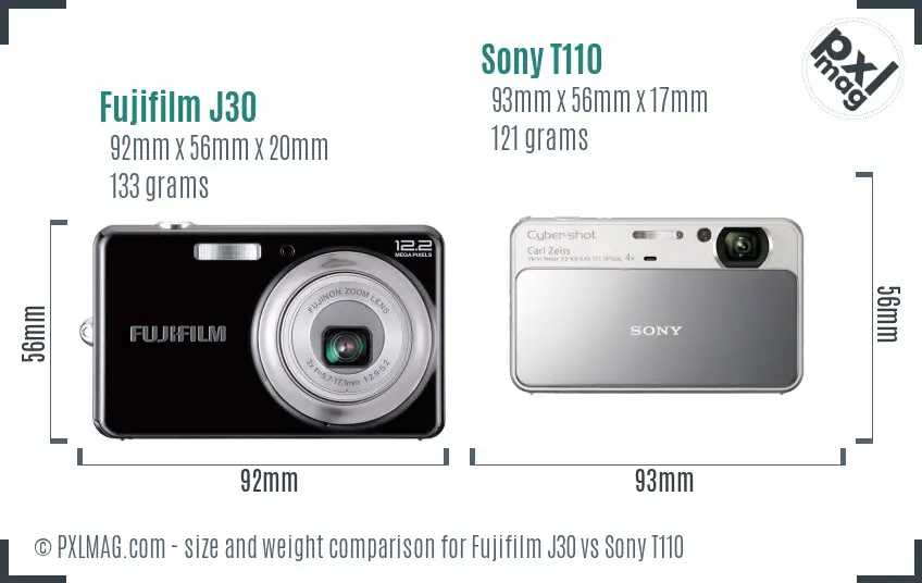 Fujifilm J30 vs Sony T110 size comparison