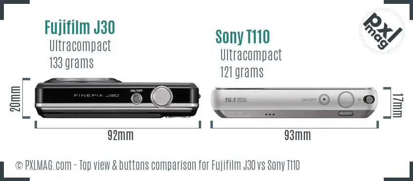 Fujifilm J30 vs Sony T110 top view buttons comparison